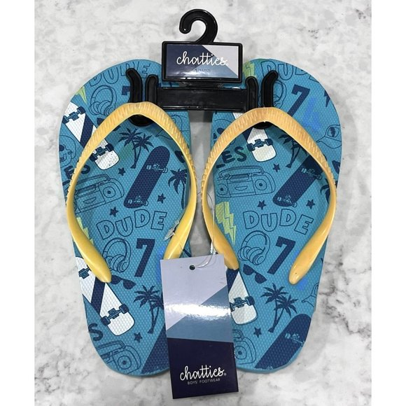 Boys Teal & Yellow Cool Dude Chatties Flip Flops Size 11/12 - Picture 1 of 2